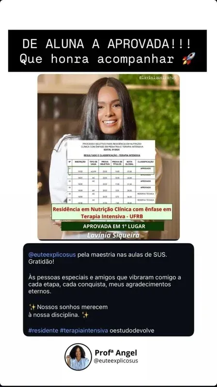 Mensagem de aprovação enviada por aluna do curso, destacando a estratégia de estudo direcionada ao edital.